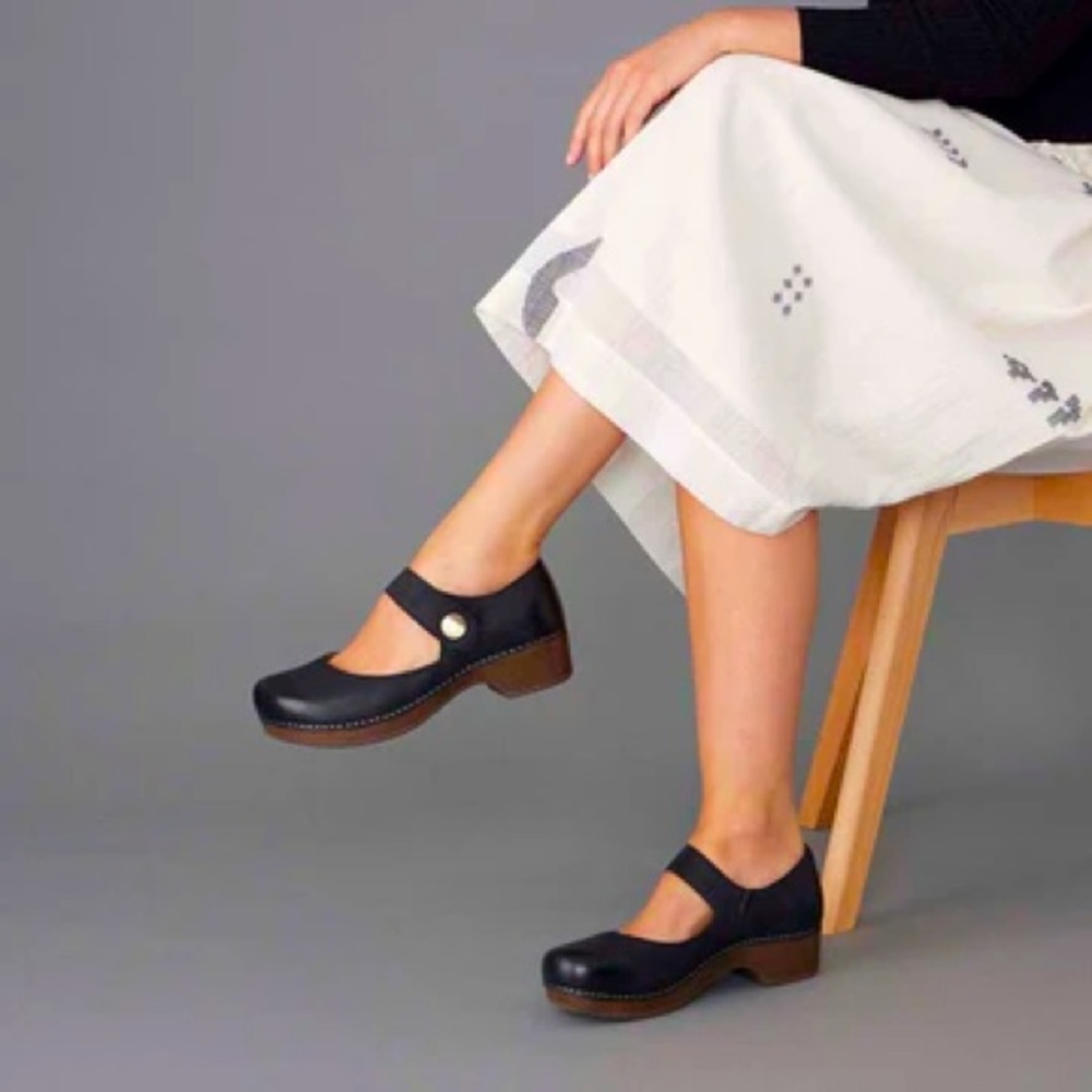 Dansko Black Mary Jane Mules with Button Detail